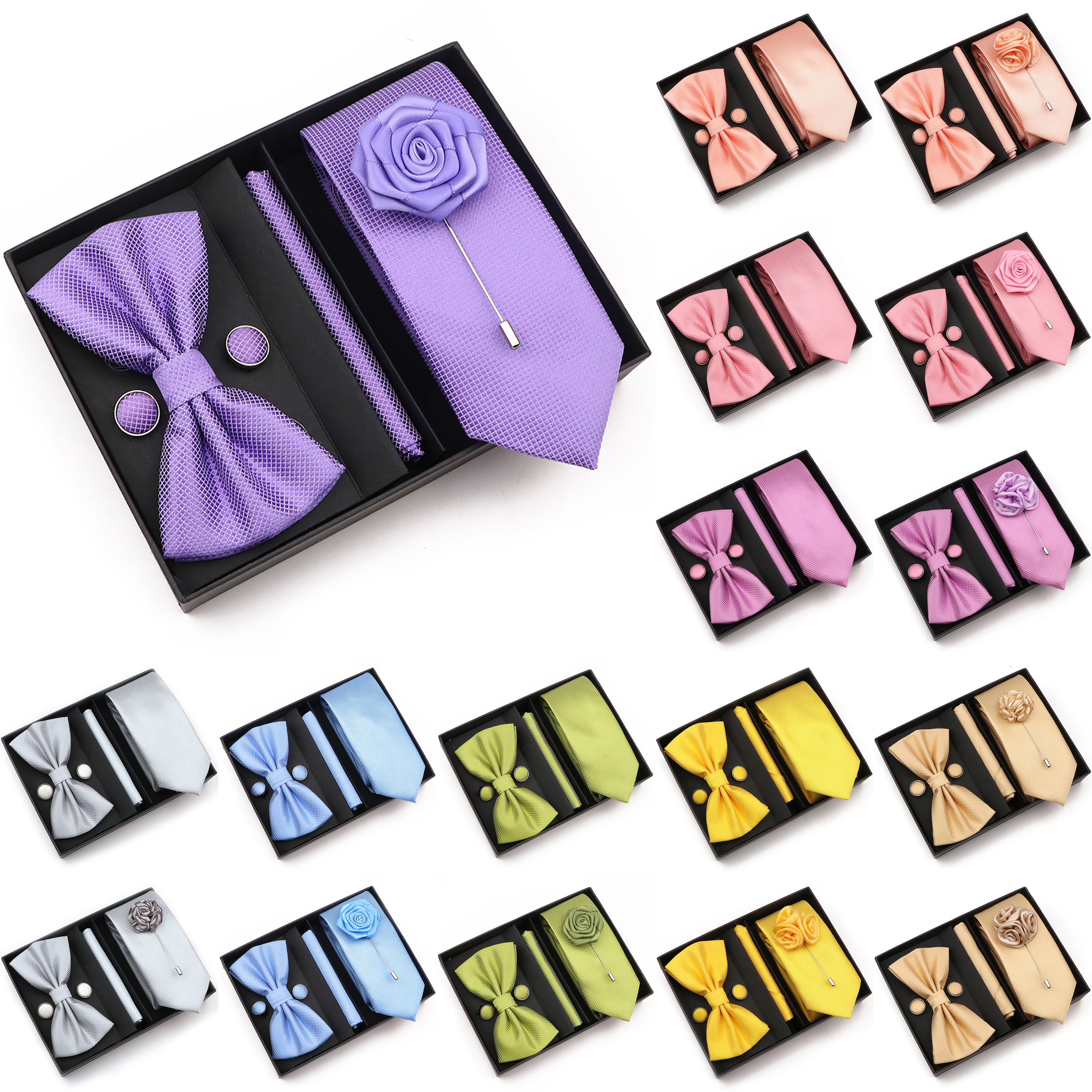 New Style Tie Set Solid Color  - Cufflink Box Set 评论和价格