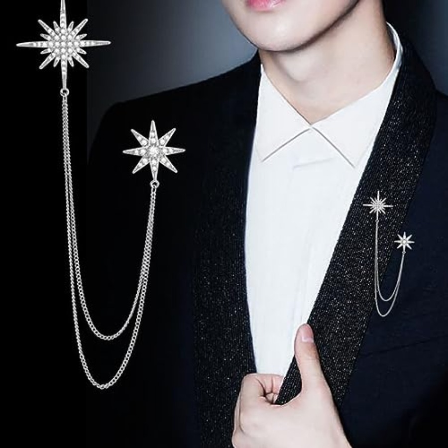 Silver Rhinestone Star Brooch  - Men Accessories Bouquet 评论和价格